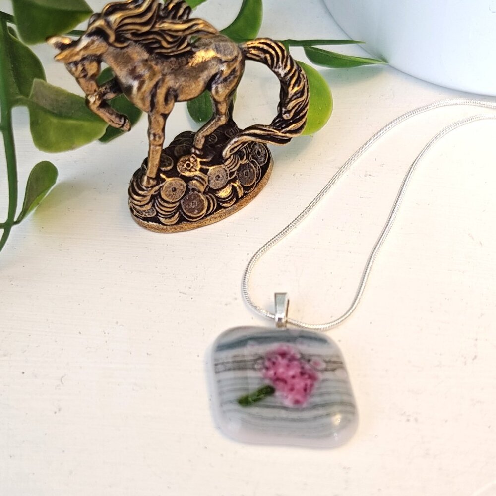 OOAK handcrafted floral pendant Unique sparkly fused glass jewelry + necklace